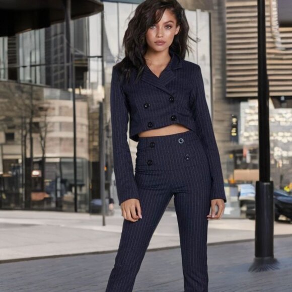 Eggie Cropped Trousers Dress Pants Hi-Waist Ankle Length Striped Business Casual - Picture 1 of 10